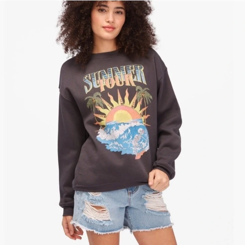 Billabong Retro Summer Tour Graphic Sweatshirt Pullover Skeleton Surfer Sun Sz M